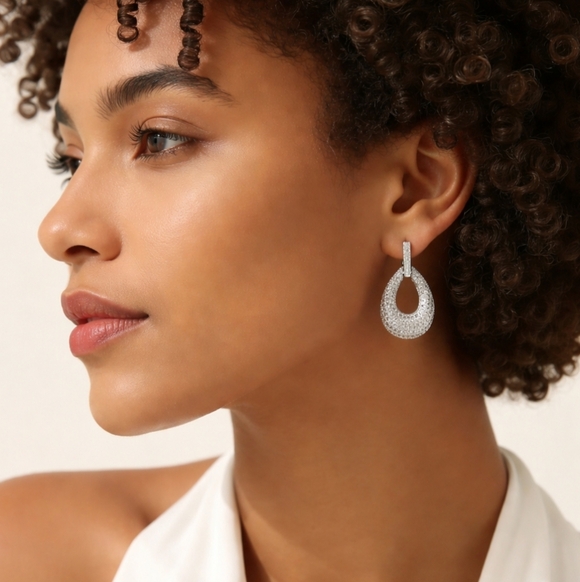 ES Jewelry - CZ Pave drop hoop earrings in silver 🆕